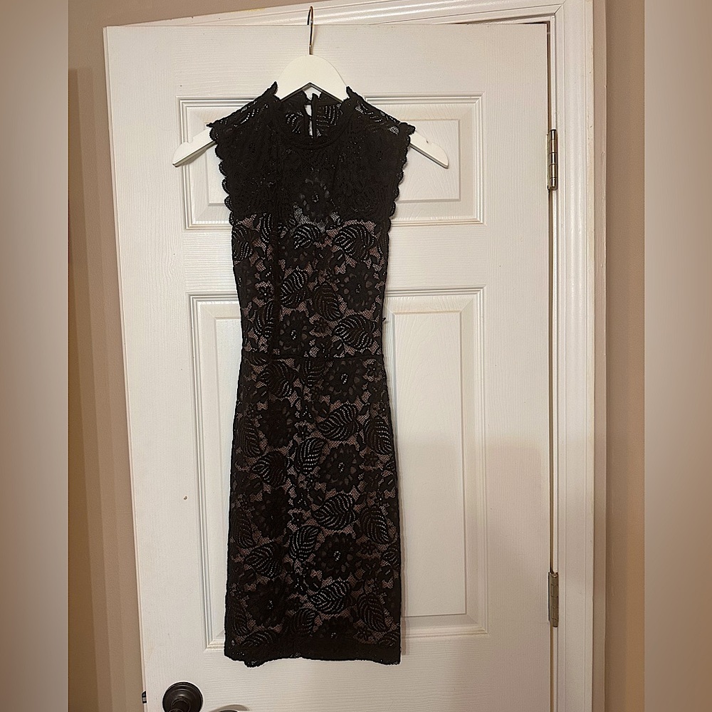 Black, lace high neck knee length dress, Tinsley, small; cut out back